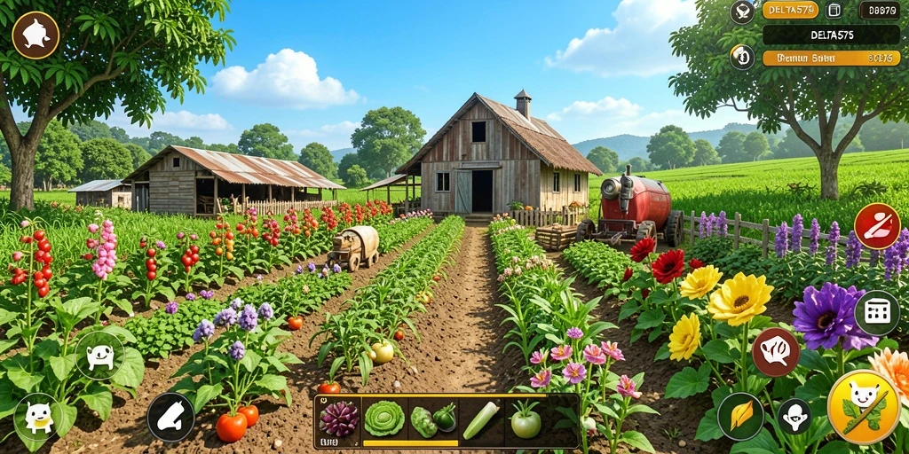 Screenshot gameplay DELTA575 yang menunjukkan aktivitas bertani yang menyenangkan.