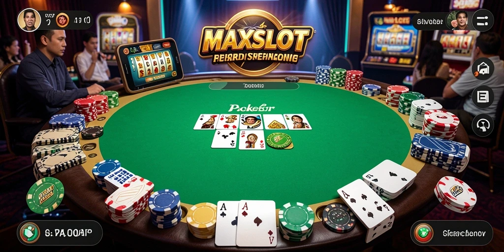 Screenshot gameplay utama MAXSLOT menampilkan suasana permainan Poker yang mendebarkan.