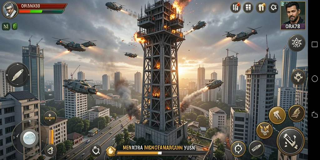 Screenshot gameplay ORA78 menampilkan aksi pertahanan menara yang seru.
