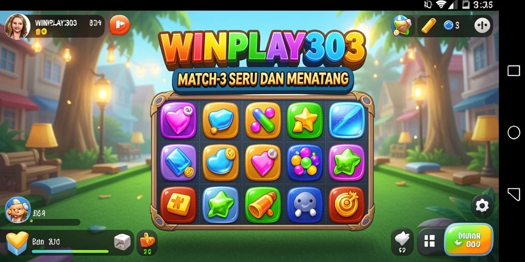 Screenshot menunjukkan permainan Match-3 yang seru dan penuh warna.